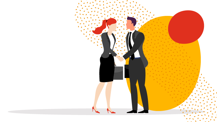 An illustrative graphic: a businesswoman and businessman shaking hands.
