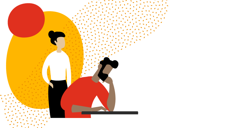 An illustrative graphic: a man sitting and thinking with a woman standing behind him.