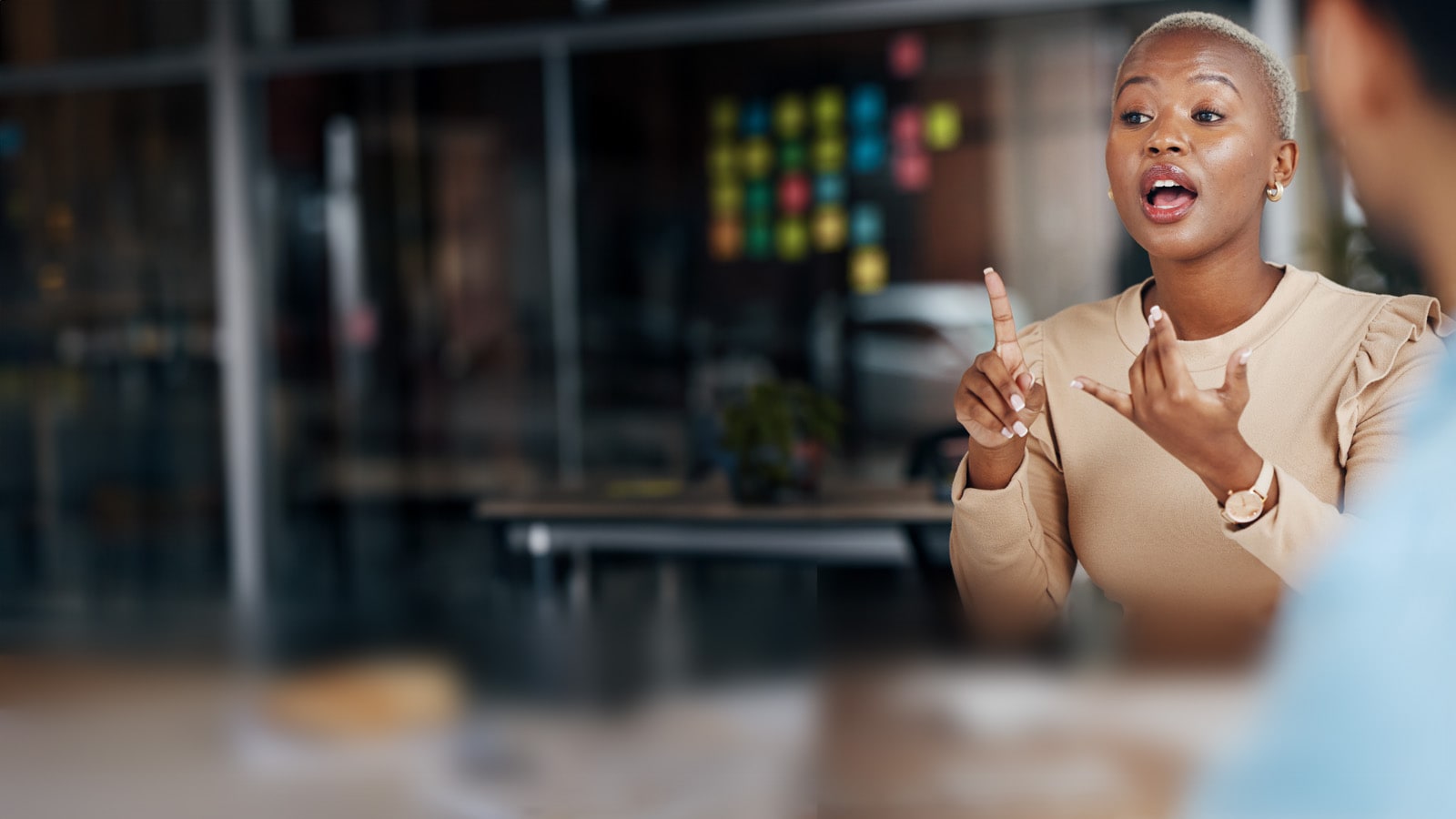A Manager presenting during a business meeting. 