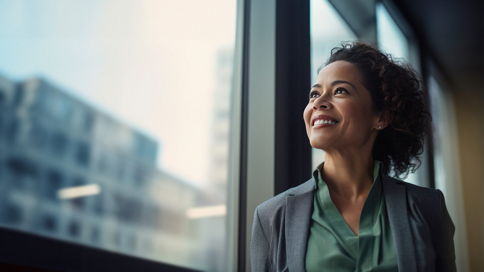 A woman looking out of an office window