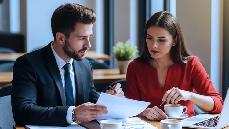 A man and woman looking at a document