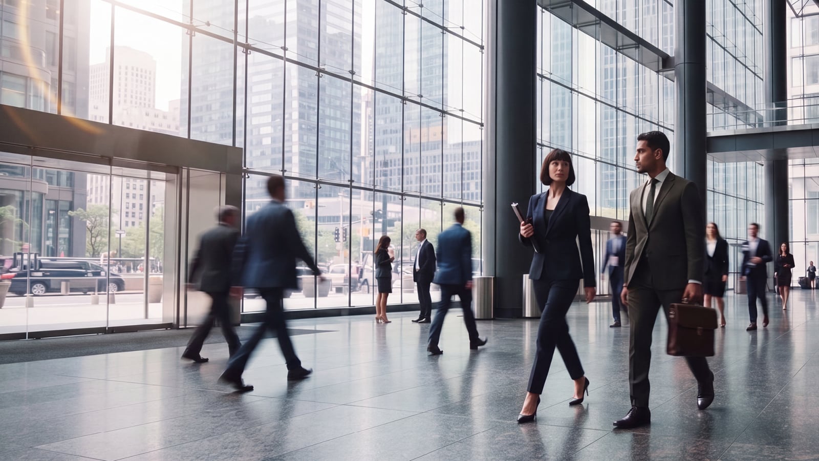 People walking in a glass office building
