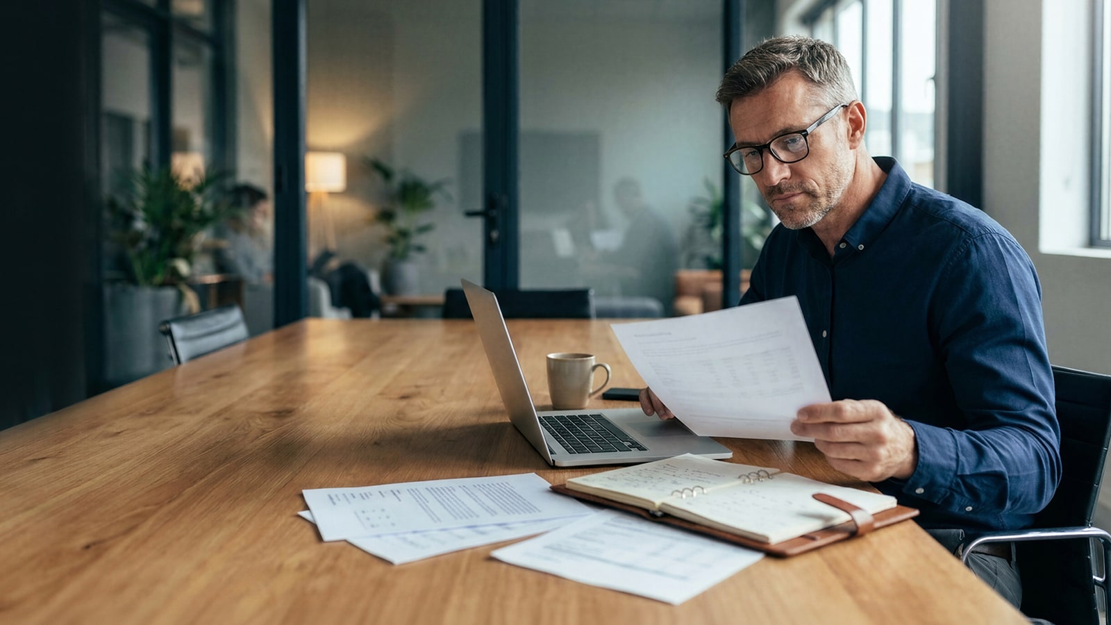 A person looking at papers and a laptop